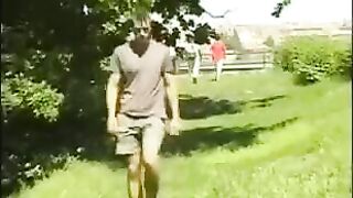 A man caresses his big dick in the hayloft, imitating a public double penetration
