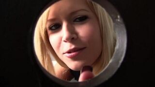 Blonde pulled a cock through the toilet hole and started to suck it