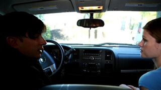 A girl makes blowjob for a guy in his car