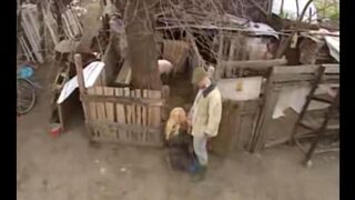 A hot chick from the Russian village is fucking outdoors