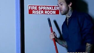A beautiful chick has sex with a cleaner in the back room, featuring Abigail Mac