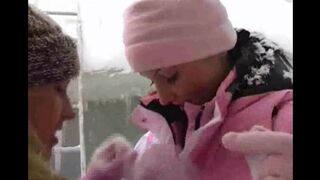 Two girls decided to have some fun on a cold winter day
