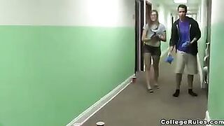 A young girl is having fun with her boyfriend in a private room