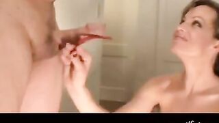 Girl gives a blowjob and receives a powerful cumshot on her boobs