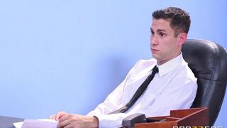Two chicks shared a dick of the guy at an interview in pantyhose