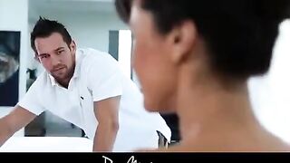 Brunette MILF massages her huge boobs with oil and gets fucked hard