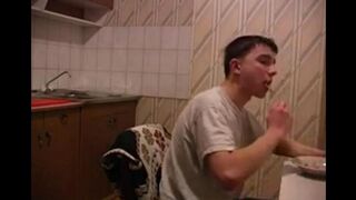 A cancerous mom fucks her son in the kitchen