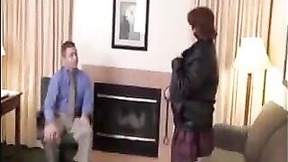 Fat woman satisfies her boss on the couch