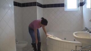 A hot brunette has sex after a shower, her partner captured the moment