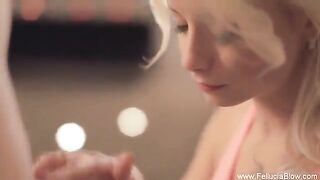 A hot blonde is having fun with a guy in the studio