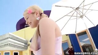 A blonde woman has a very long dick sucked by a guy