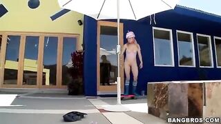 A blonde woman has a very long dick sucked by a guy