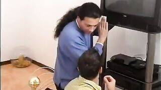 The repair of the TV set was paid in kind by two guys