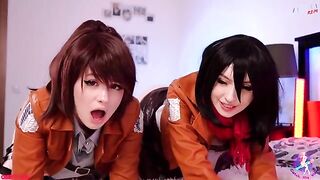 Cosplay threesome with Mikasa, Sasha, and Historia in wet pussies action