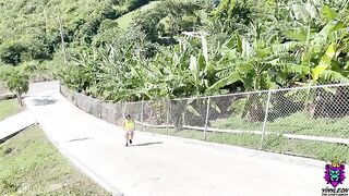 Busty PAWG runs up the hill, gets fucked hard on cam
