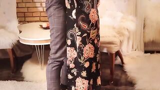 Redhead slut in long black dress, high heels and stockings, gets fucked hard