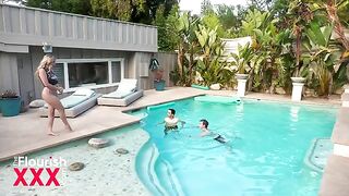 Two students have a steamy encounter by the pool with their teacher