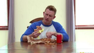 A wife has sex with a cucumber while her husband watches, kitchen action