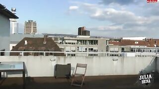 Brunette with big tits fucks on the roof in POV