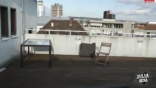 Brunette with big tits fucks on the roof in POV
