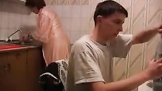 The hot mom gets fucked in the kitchen, much more exciting than usual