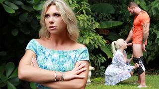 A blonde is having fun with the ball before she gets into a threesome