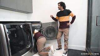 A hot blonde is being fucked by two guys at the same time