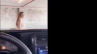 Babe masturbates in the public garage and has sex