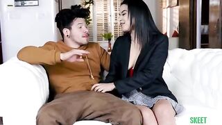 The girl next door has a huge dick in her skirt