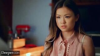 Two Asian beauties share a big white cock in an intense threesome