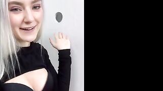 Cute teen got a huge cumshot on her face through the glory hole