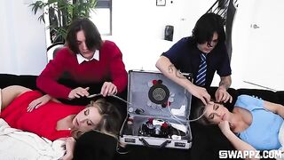 A depraved woman is fucking with a bunch of guys on the couch
