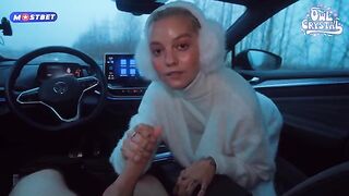 College girl is slutty and loves to suck cock in a car