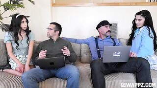 A group of cute girls gave the stepdad a stunning surprise on the couch