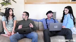 A group of cute girls gave the stepdad a stunning surprise on the couch