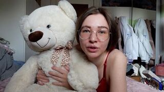 A cute young girl has an intense orgasm with her best teddy bear friend