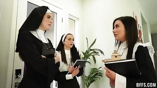 A nun is the object of desire for four guys in a steamy cosplay scene