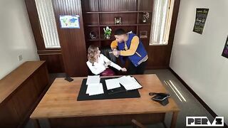 The workplace is no obstacle to passionate encounters. Hot secretary in stockings plays with pussy in the office