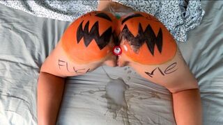 A sexy slut has her Halloween fun with a pumpkin, getting rough and real dirty