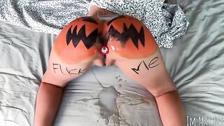 A sexy slut has her Halloween fun with a pumpkin, getting rough and real dirty