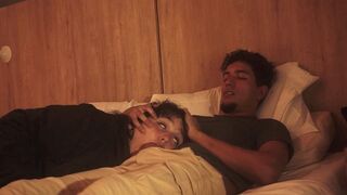 A blowjob on the bed, lazy but so deep it shakes him up