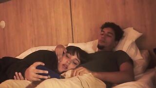 A blowjob on the bed, lazy but so deep it shakes him up