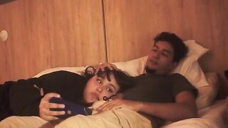 A blowjob on the bed, lazy but so deep it shakes him up