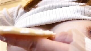 A girl caresses her pussy and her big nipples until she reaches orgasm