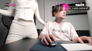 The girl rubs her pussy on the rubbing table and comes