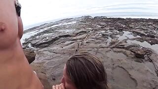 The girl made a blowjob right on the beach and got a cumshot