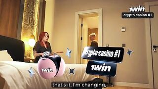 A young guy and his stepmom share a bed in a hotel room
