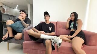 A girl is having fun with her boyfriend with her back to him
