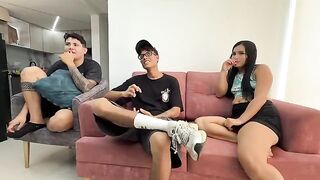 A girl is having fun with her boyfriend with her back to him