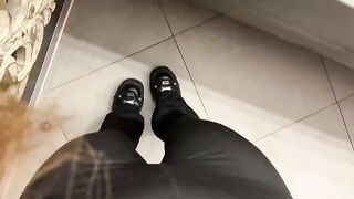 The girl caresses her pussy in the restaurant bathroom until she comes